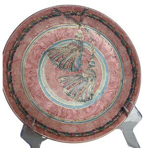 Decorative Ceramic Plate Tassel Motif 10" Pink Blue Gold Embossed Hand-Painted